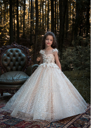 Ivory Lace Tulle Heart Back Floral Flower Girl Dress